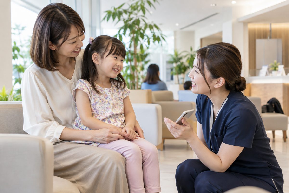 クリニックの待合で、スタッフが母のひざの上の女の子に話しかけている