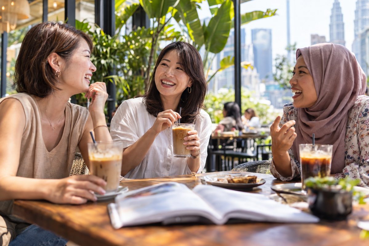 クアラルンプールのカフェで、母親たちが英語のテキストを広げて笑い合っている