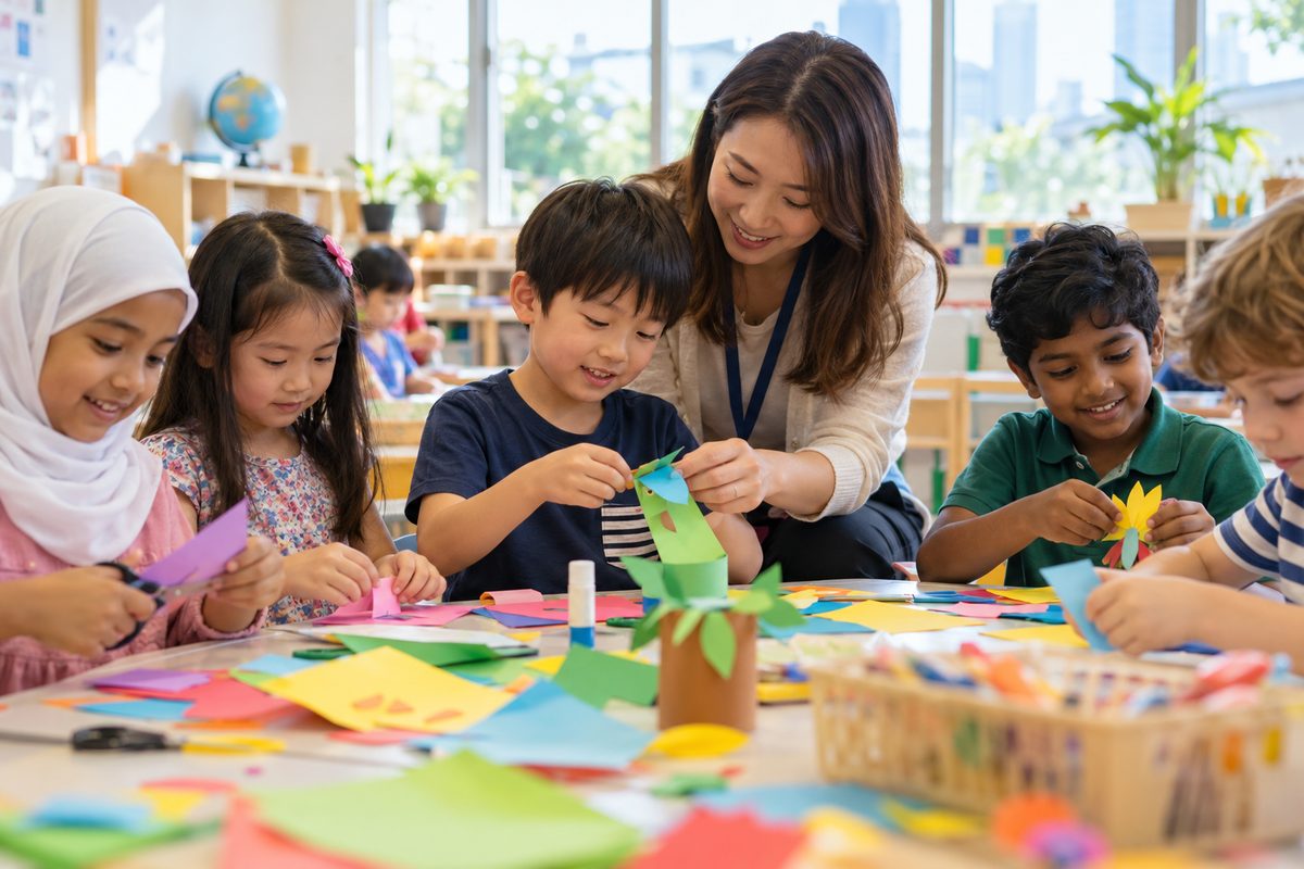インター校の教室で、日本人の男の子が先生に手伝ってもらいながら工作をしている