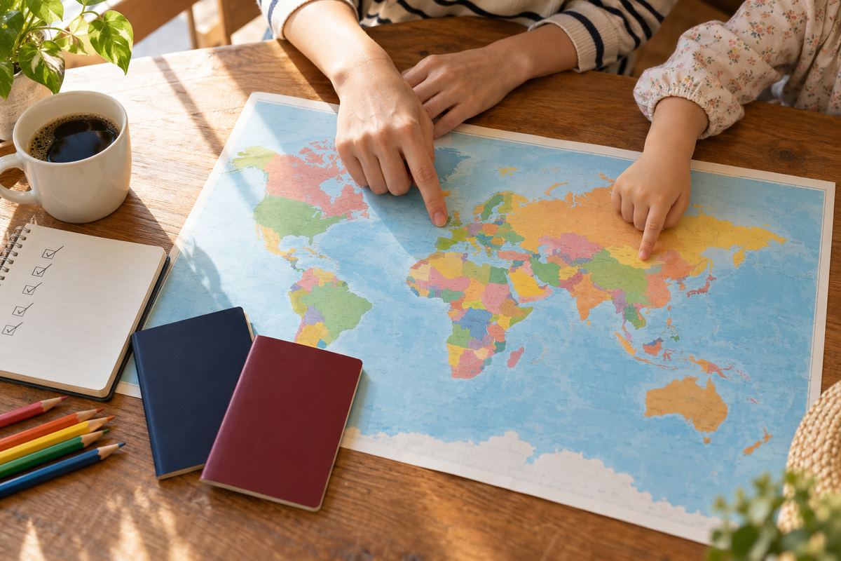 テーブルの世界地図を親子で指さし、パスポートとノートを広げて計画を立てる手元