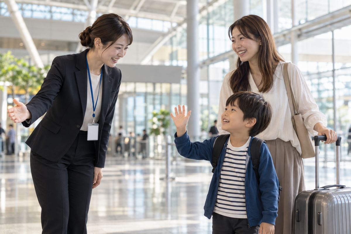 空港の到着ロビーで、日本人スタッフに迎えられる母親とスーツケースを持った男の子