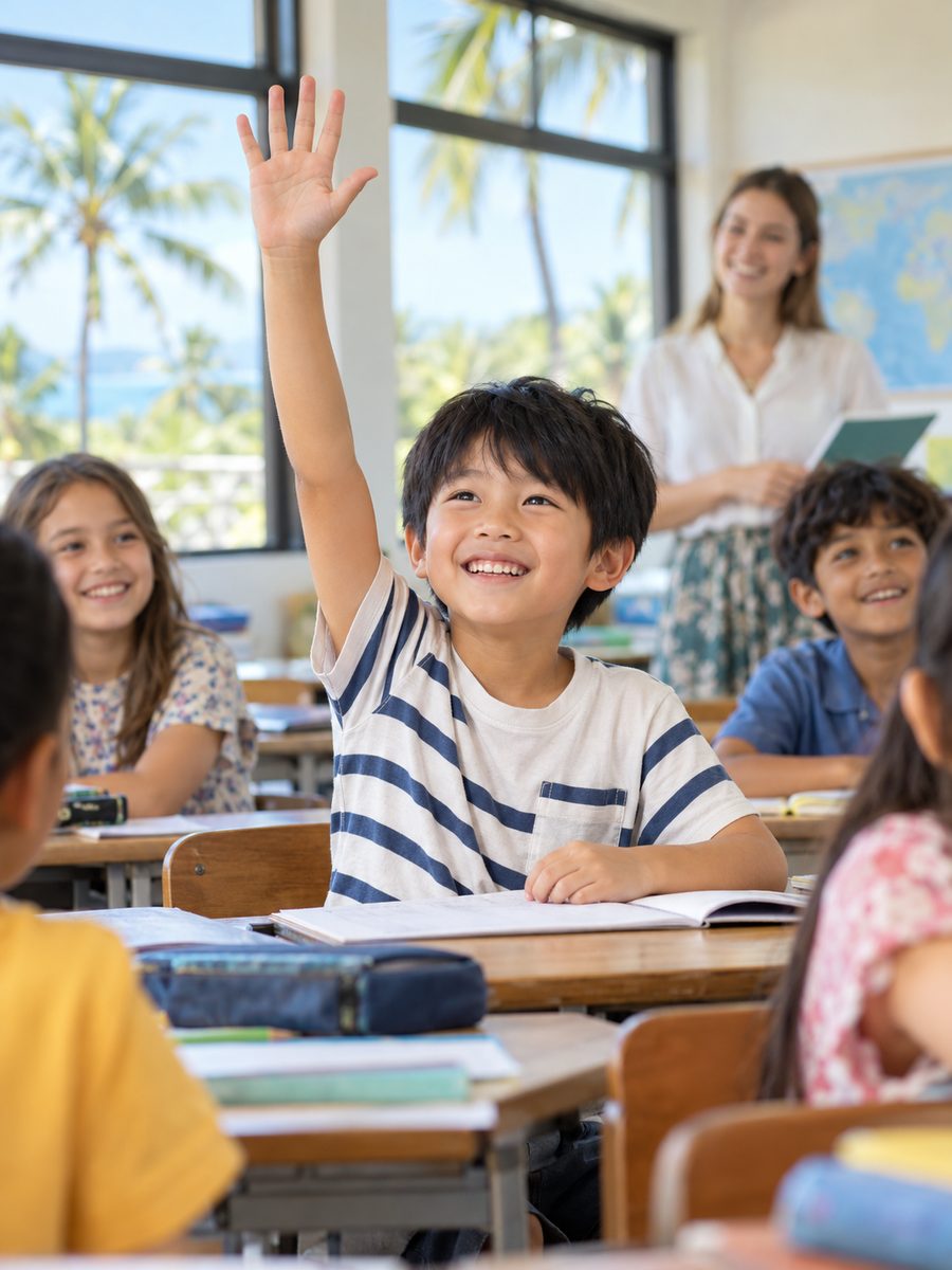 南国のサマースクールの英語の授業で、元気に手を挙げる小学生の日本人の男の子と多国籍のクラスメイト