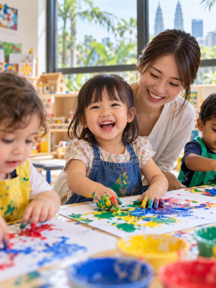 KLのインター系プリスクールで、指で絵の具を塗って笑う3歳くらいの日本人の女の子と、すぐ後ろで見守る母親