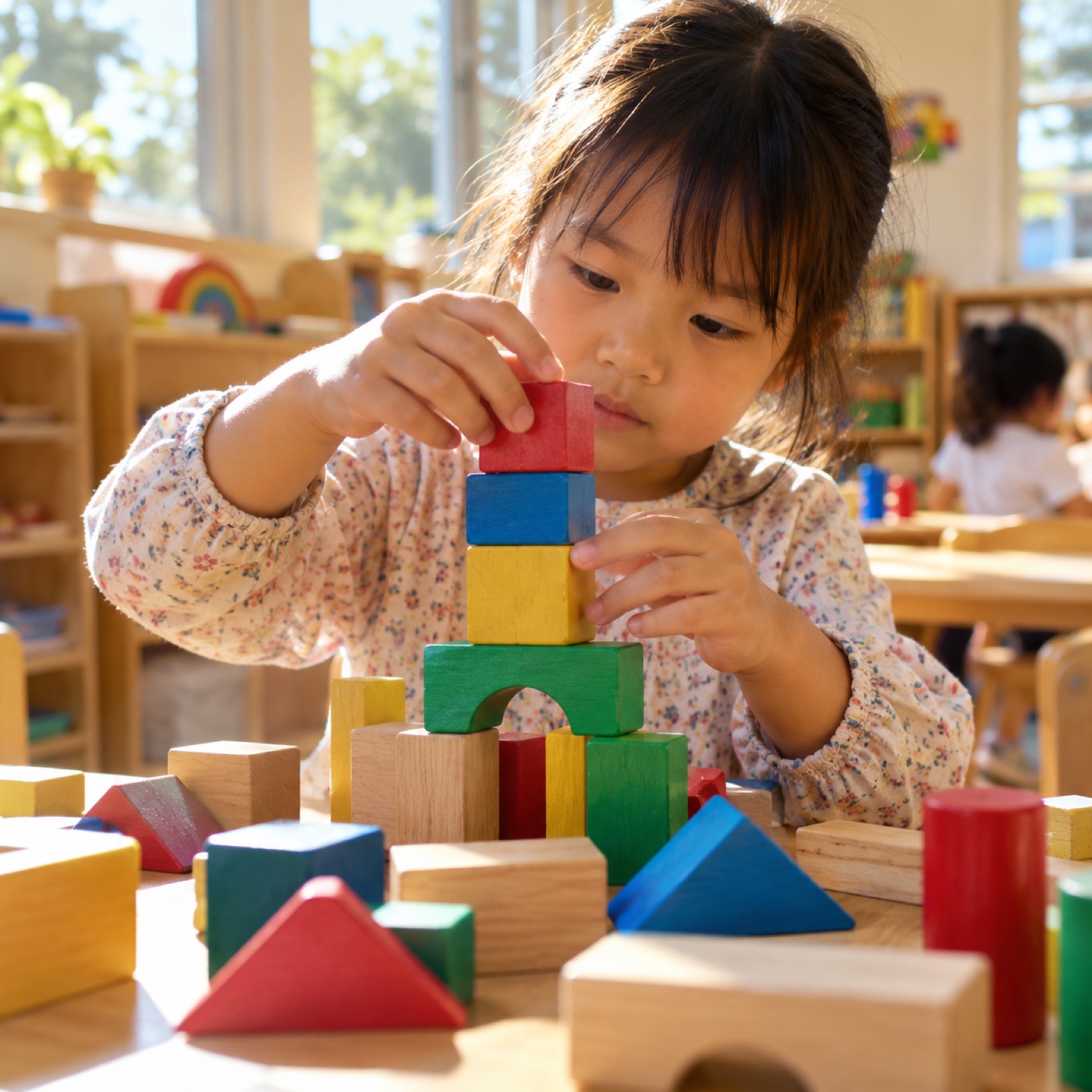 プリスクールの教室で、積み木を高く積む3〜4歳ほどの女の子