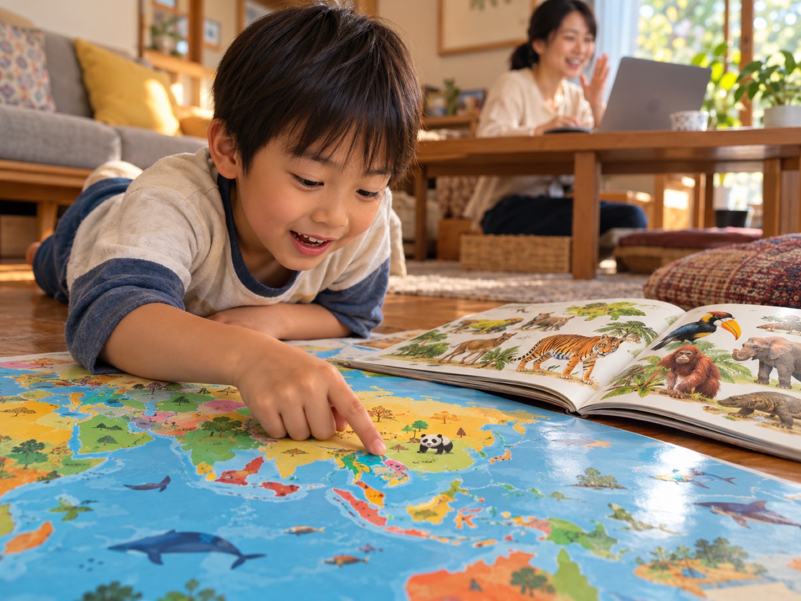 リビングの床で大きな世界地図を広げ、マレーシアを指さす男の子。奥で母親がビデオ通話で相談している