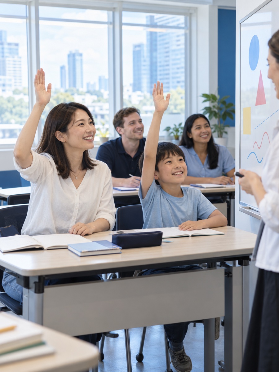 語学学校の明るい教室で、同じ机に並んで手を挙げる母親と息子。ほかの国の大人の生徒も一緒に受講している