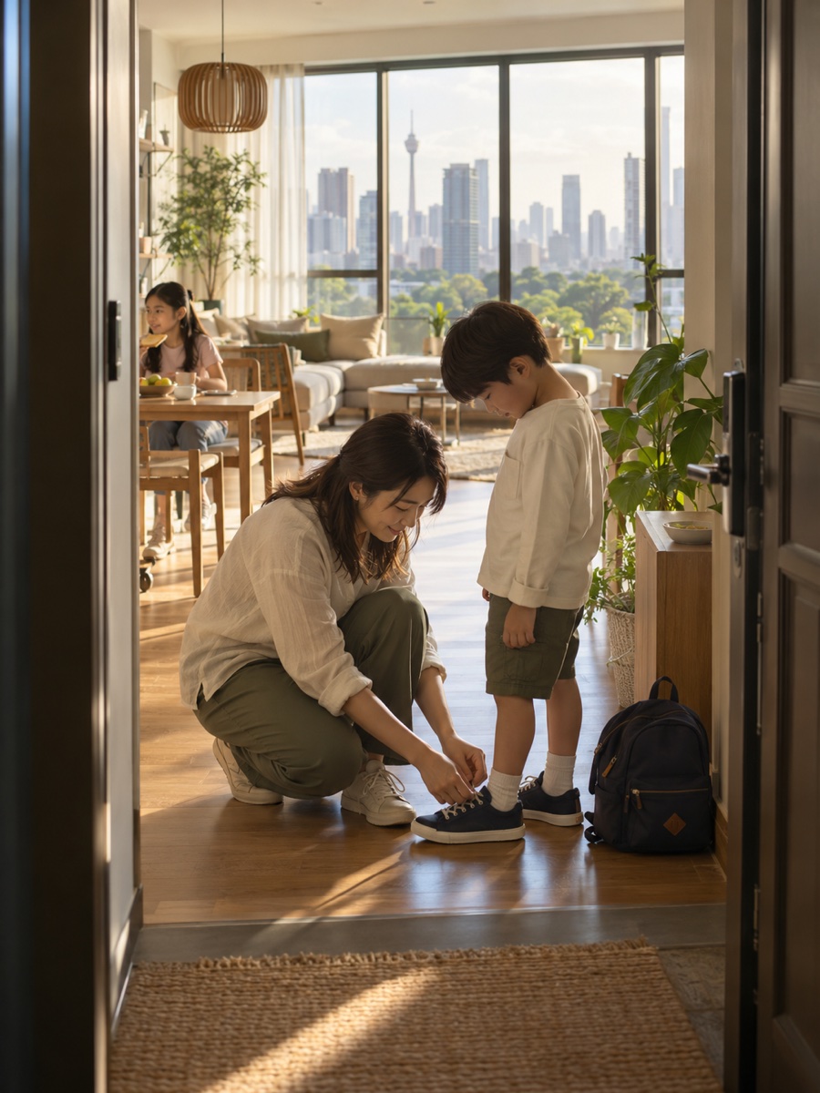 朝のコンドミニアムの玄関で、登校前の息子の靴ひもを結ぶ母親。奥のリビングでは姉が朝食を食べている