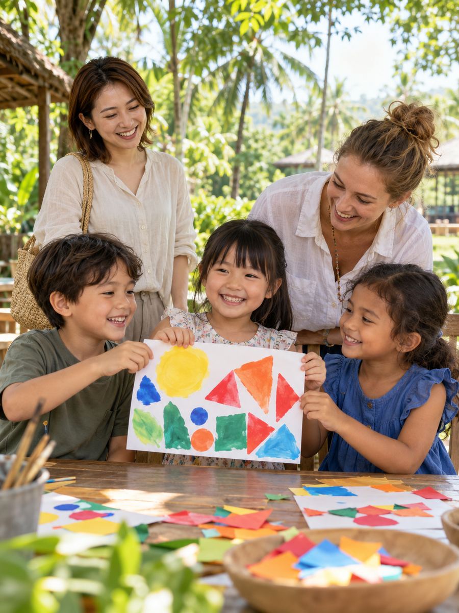 南国の英語のサマーキャンプで、友だちと工作を見せ合う日本人の女の子と、そばで見守る母親