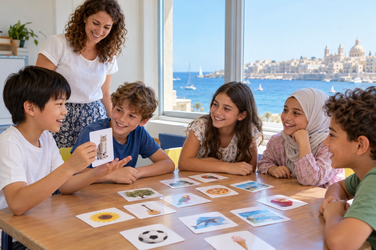 地中海が見える明るい教室で、ヨーロッパや中東の子どもたちと絵カードのゲームをする小5の息子と、そばで笑う先生