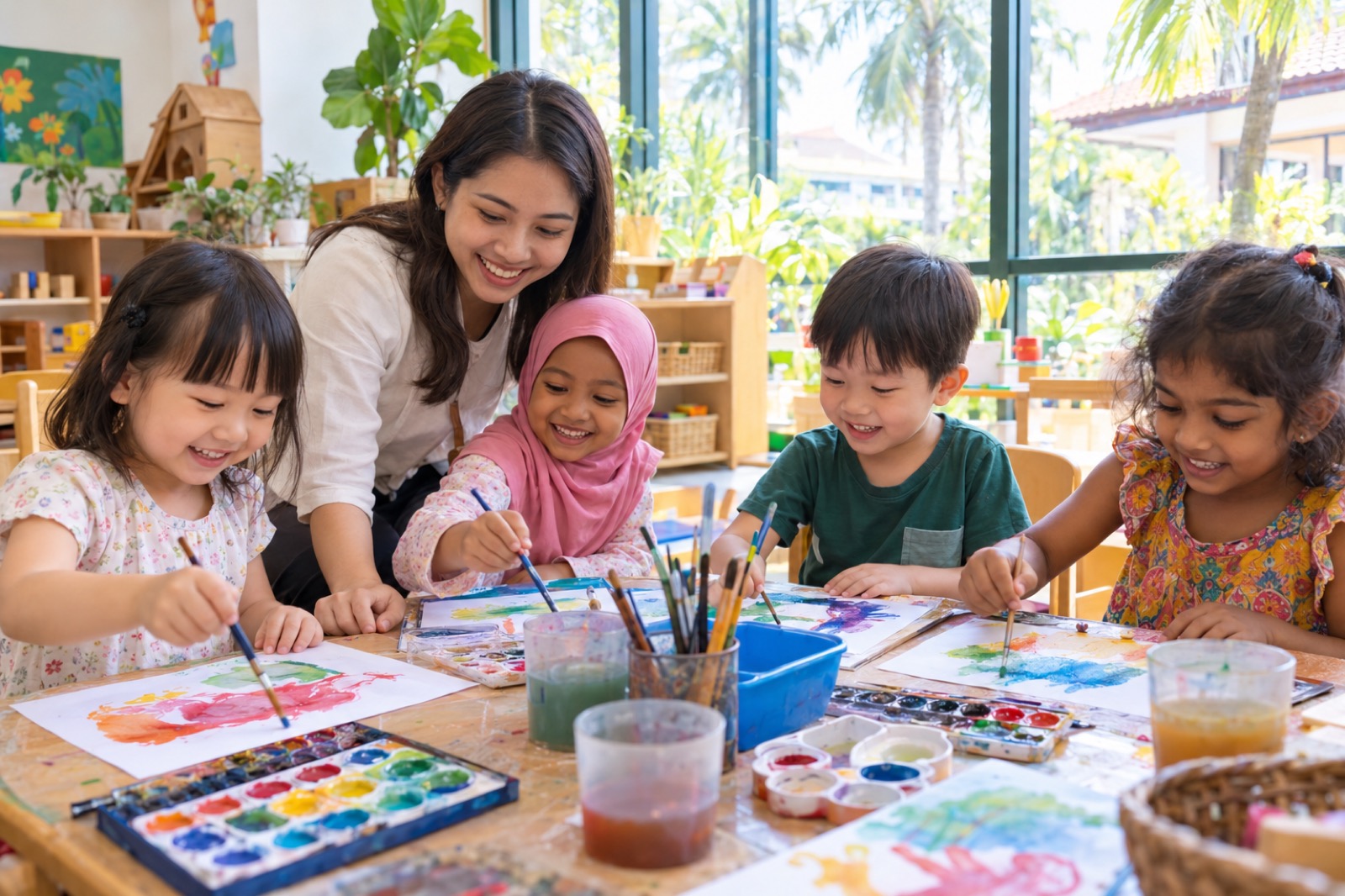 インター校の幼児クラスで、いろいろな国の子と並んで絵の具で絵を描く年中の女の子と、そばで見守る先生