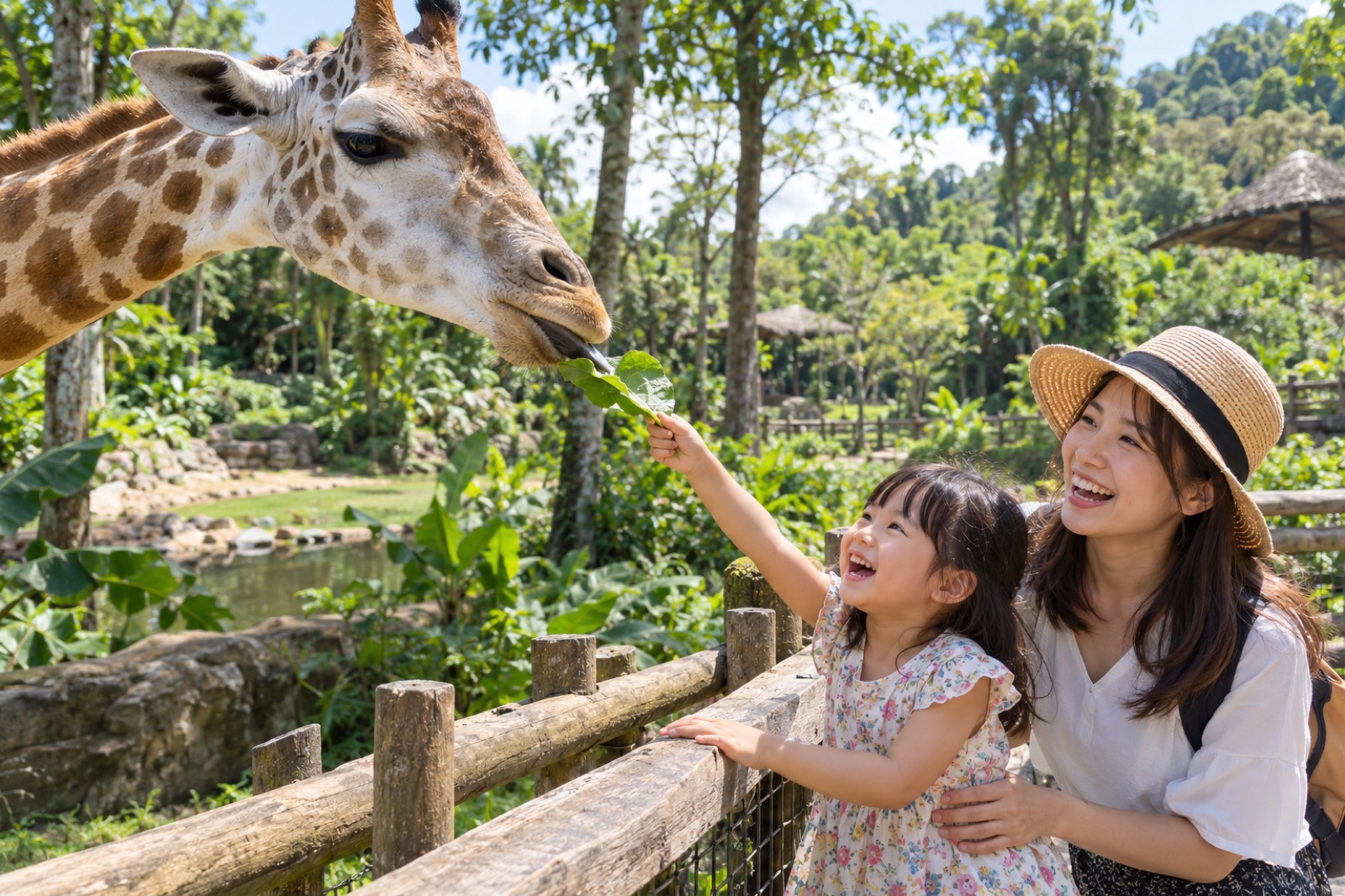 クアラルンプール近郊の動物園で、木の柵越しにキリンに葉っぱをあげて歓声をあげる年中の娘と、隣で笑う母