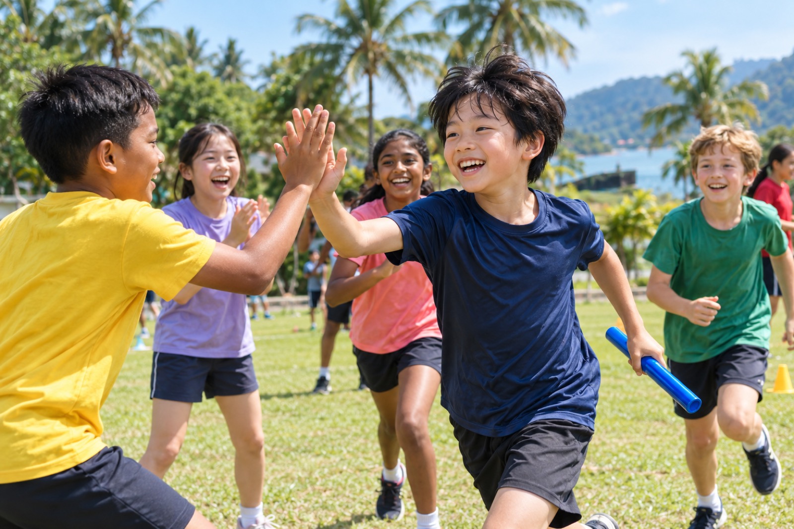 ペナンのインター校のサマースクールで、いろいろな国の子とリレー遊びをしてハイタッチする小3の息子