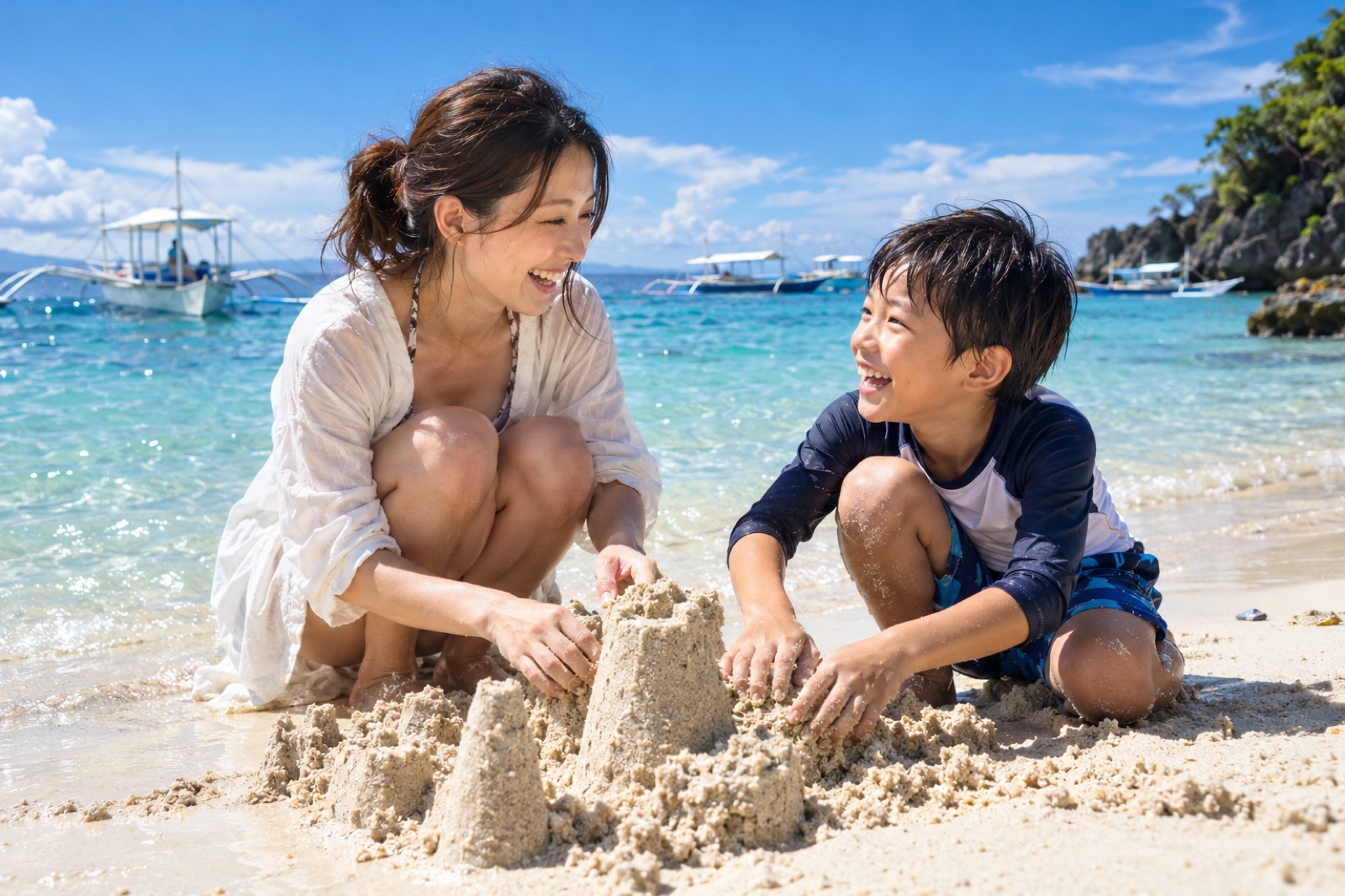 セブの白い砂浜で、母と小2の息子が波打ちぎわにしゃがんで砂の城を作り、顔を見合わせて笑う