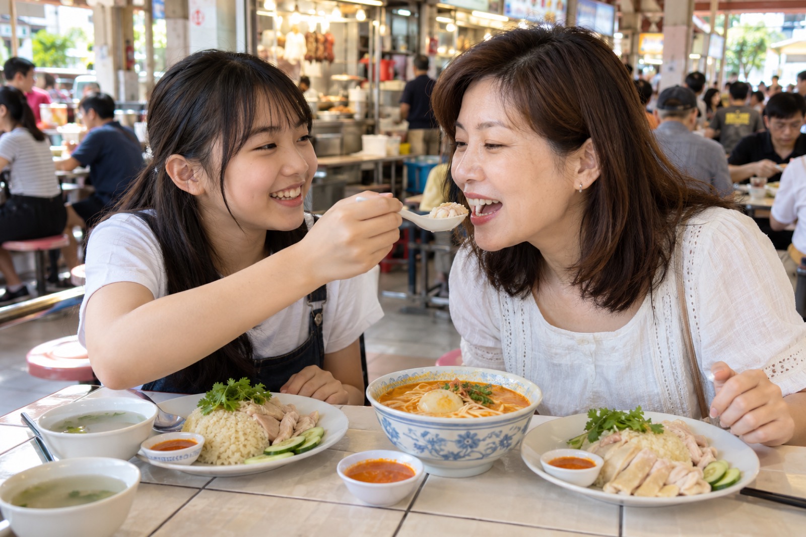 シンガポールのホーカーセンターで、チキンライスとラクサを分け合い、娘が母にスプーンを差し出して笑い合う