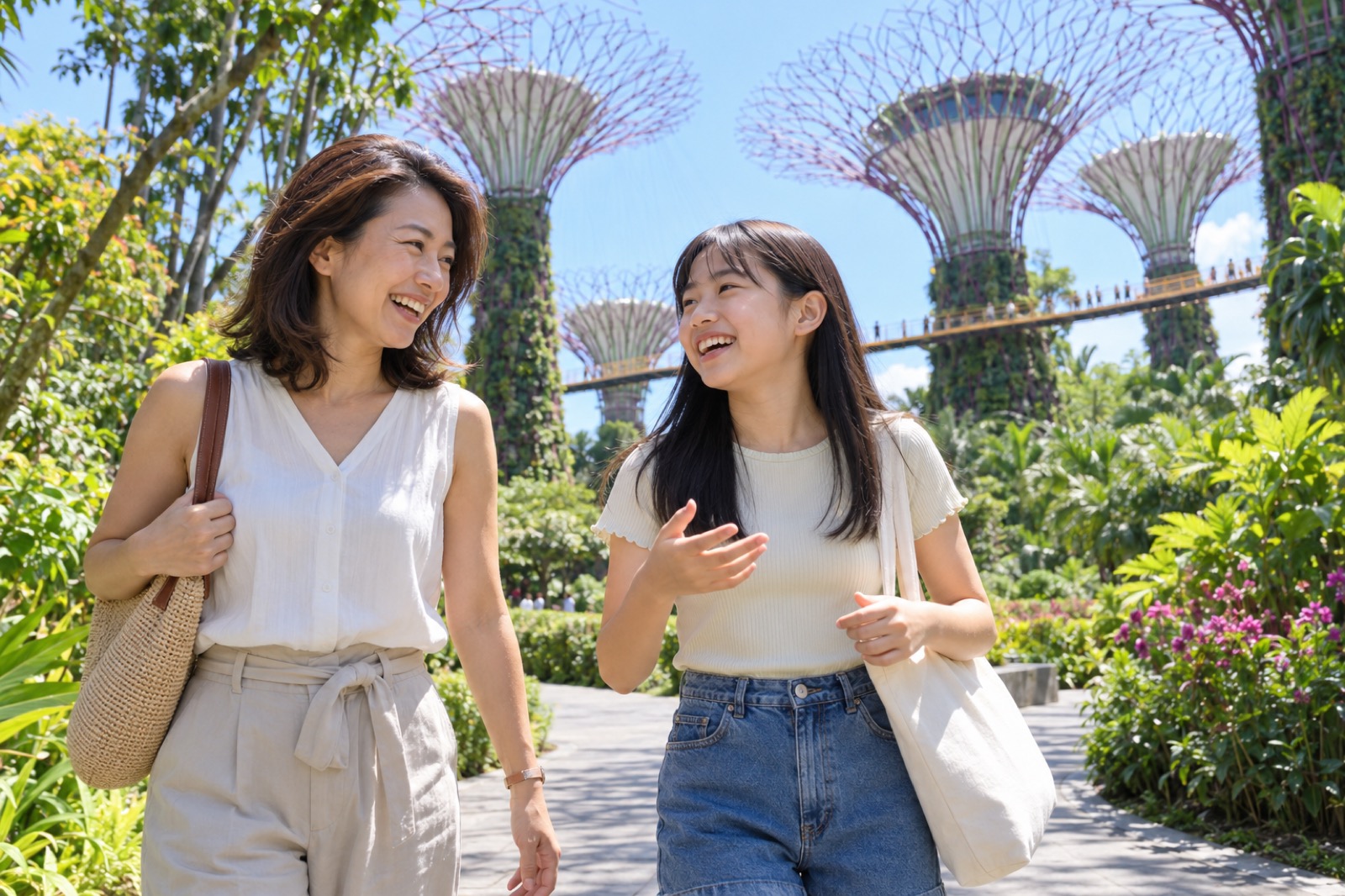 ガーデンズ・バイ・ザ・ベイで並んで歩きながら笑う中1の娘と母