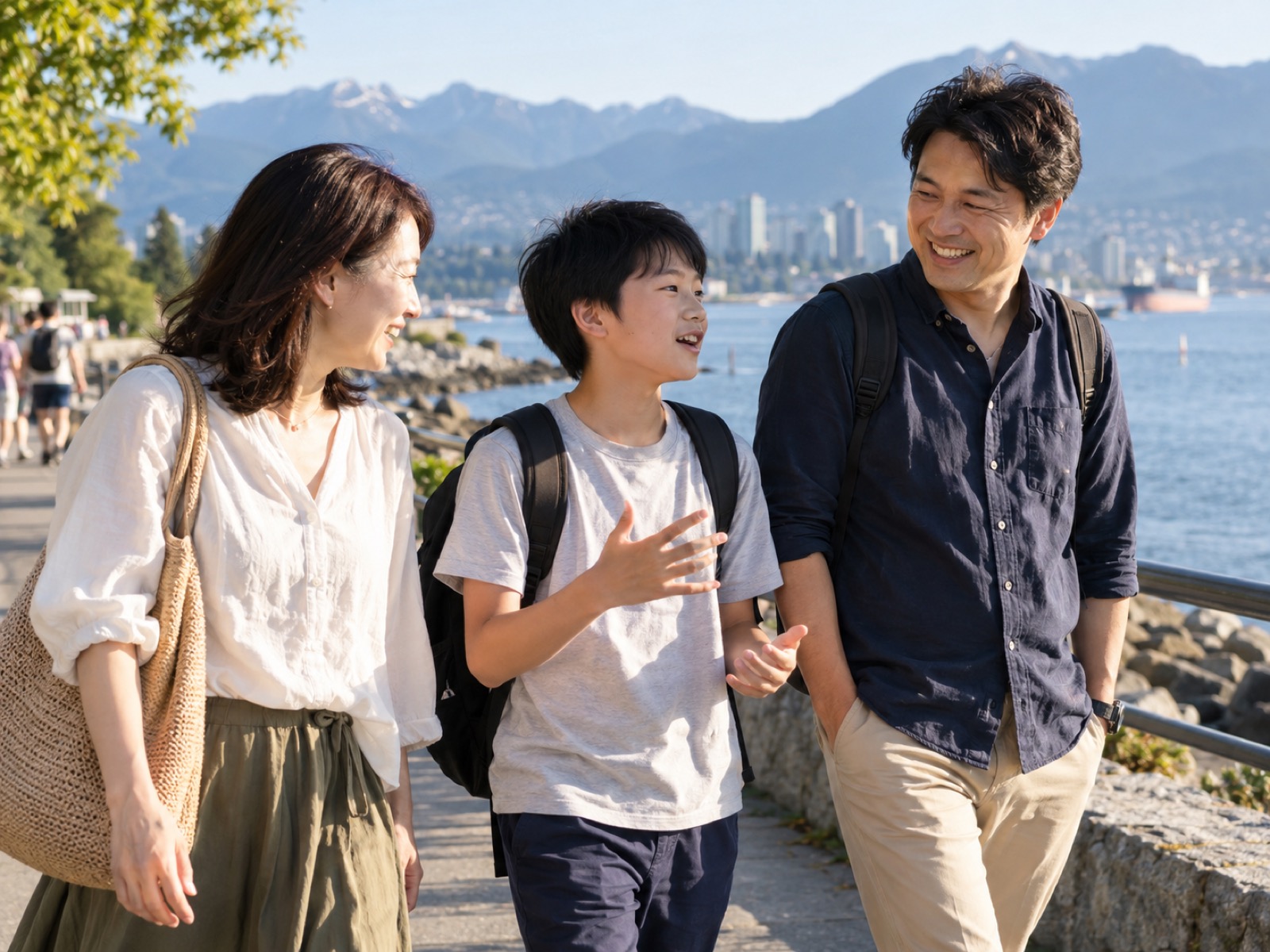バンクーバーの海沿いの道で、サマースクール帰りの中学生が両親に話して笑う