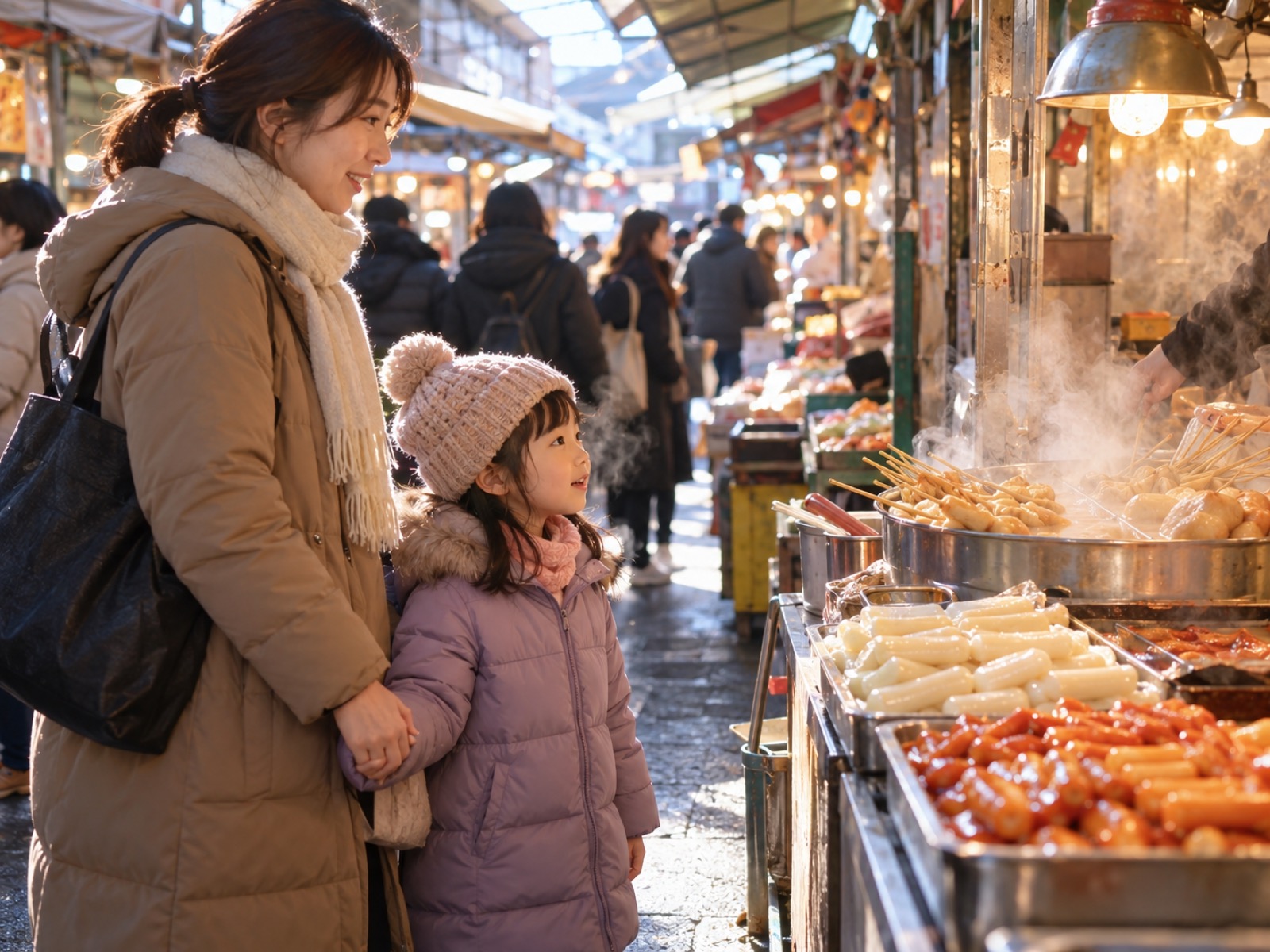 冬のソウルの市場で、コート姿の子が母と手をつないで屋台をのぞく