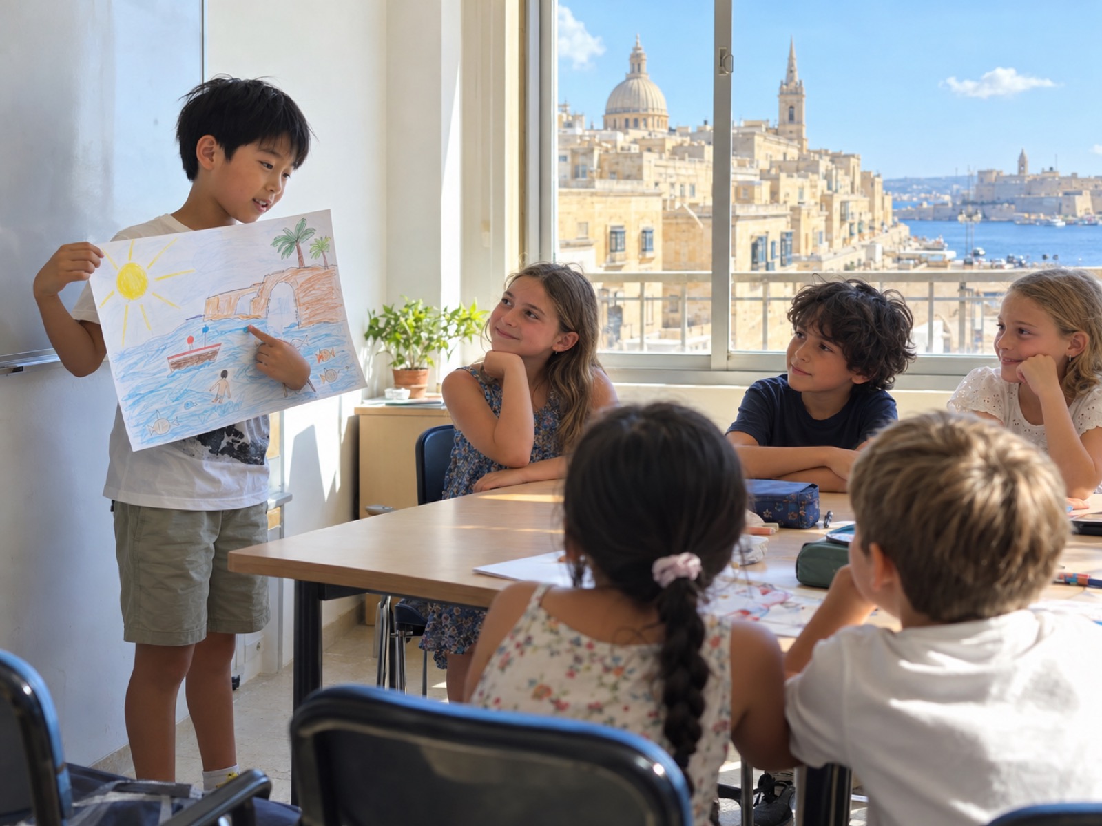 マルタの語学学校で、多国籍のクラスに絵のポスターを発表する子