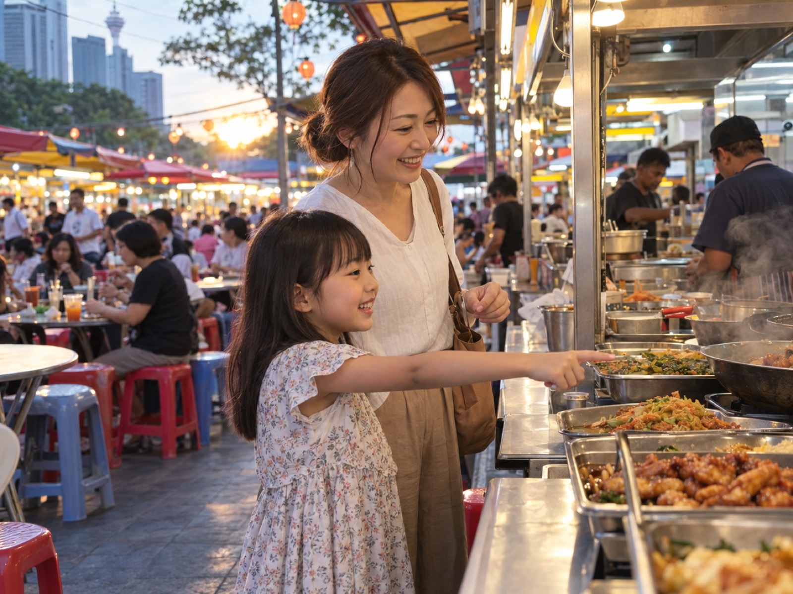 KLのホーカーで、母と並んで屋台の料理を指さして注文する女の子