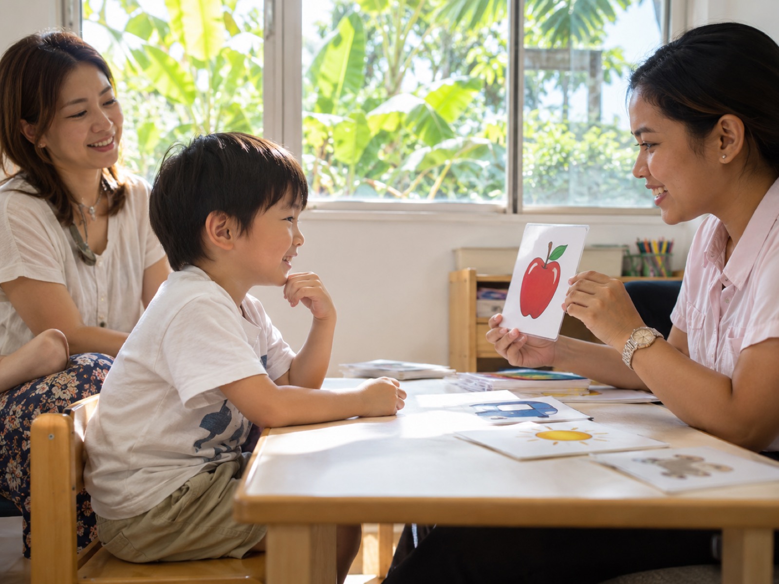 セブの語学学校で、先生と1対1の英語レッスンを受ける子を母が後ろで見守る