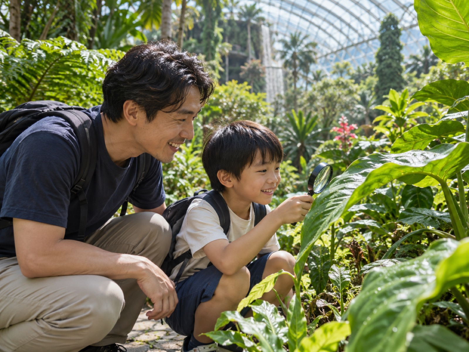 シンガポールの植物園で、父と虫めがねで葉っぱを観察する小学生