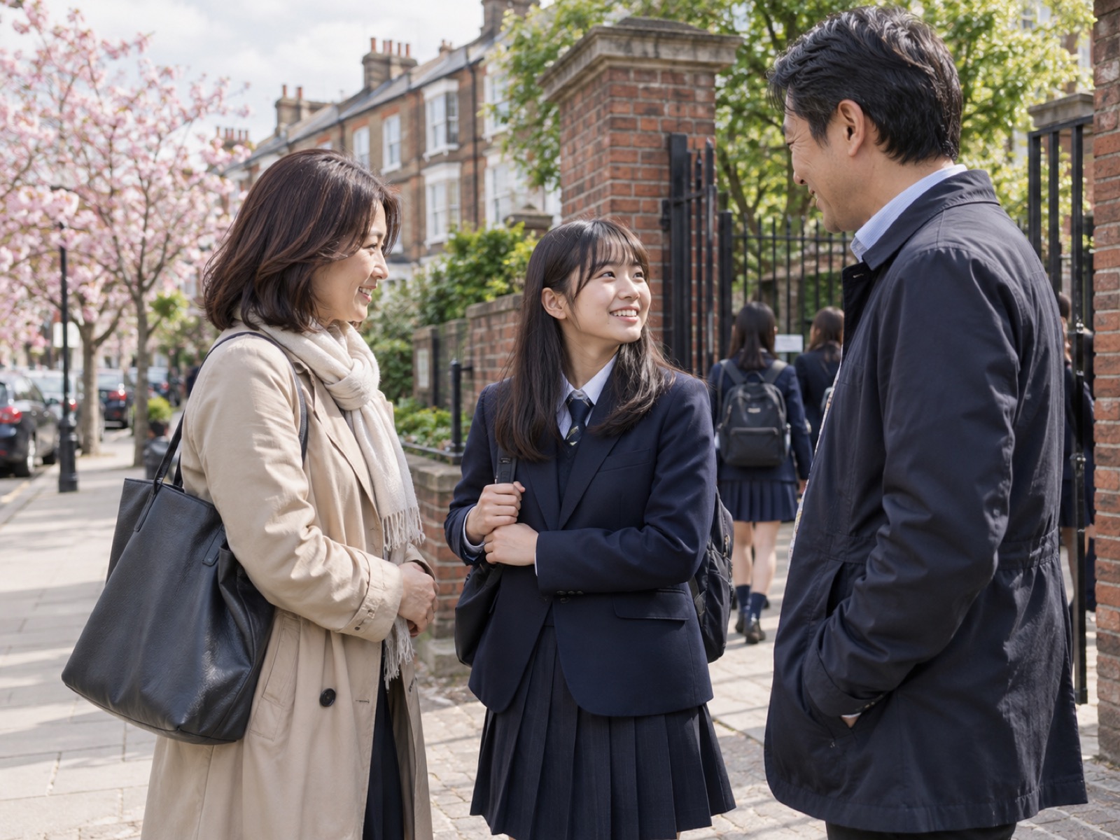 ロンドンの学校の門の前で、制服の中学生が両親と話す