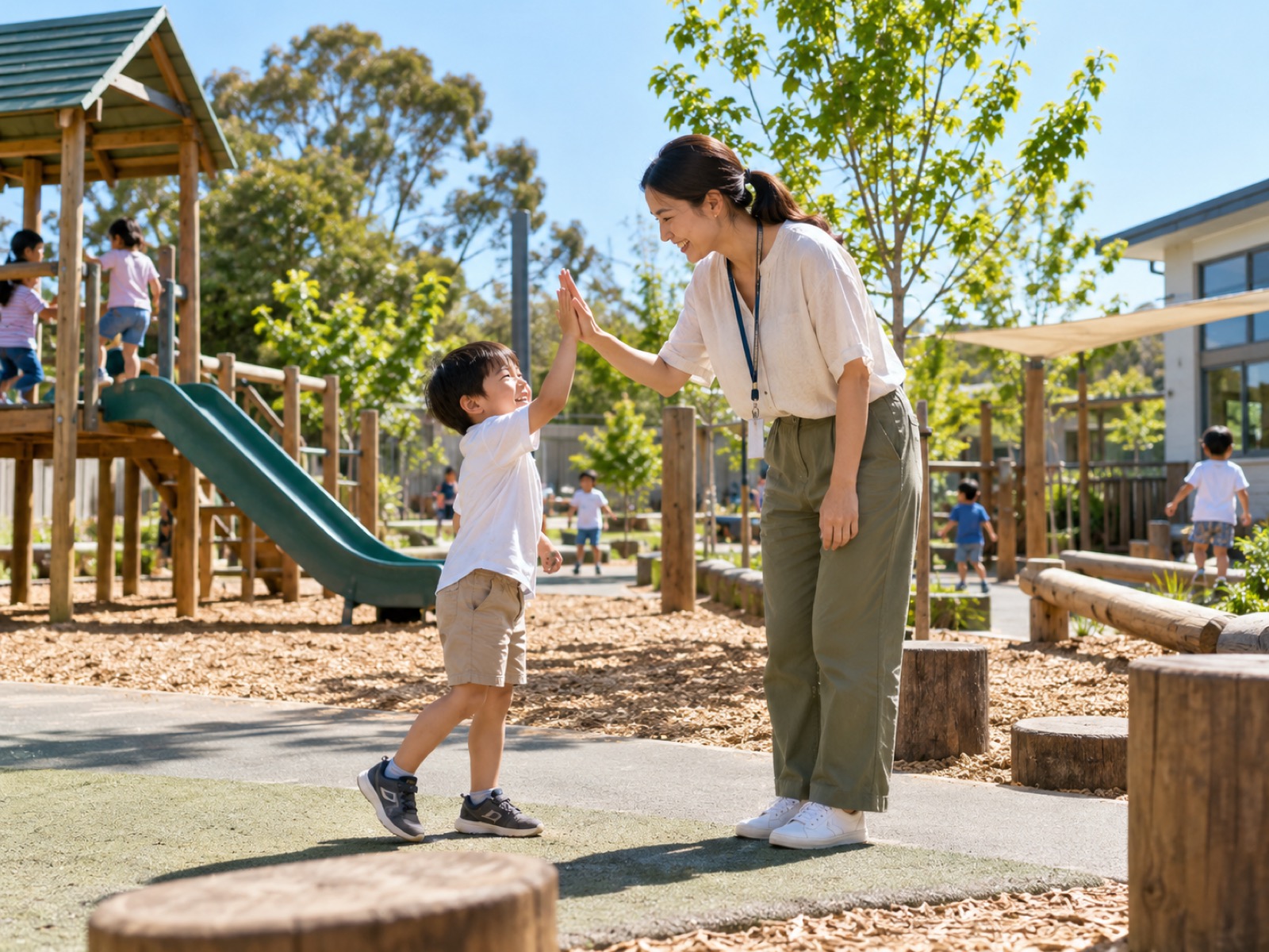 教室の外で、子どもが先生とハイタッチしている様子